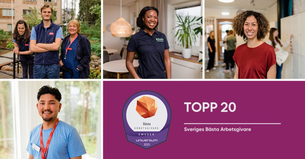 Kollage med medarbetare från Vardaga, Klara och Nytida som ler mot kameran i sina arbetsmiljöer. I bildens nedre del syns en lila banner med texten 'Topp 20 – Sveriges Bästa Arbetsgivare, Universum 2025'