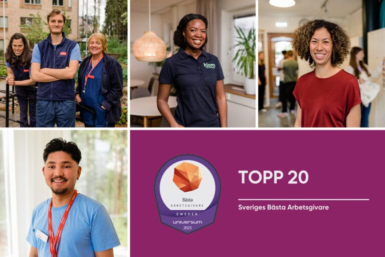 Kollage med medarbetare från Vardaga, Klara och Nytida som ler mot kameran i sina arbetsmiljöer. I bildens nedre del syns en lila banner med texten 'Topp 20 – Sveriges Bästa Arbetsgivare, Universum 2025'